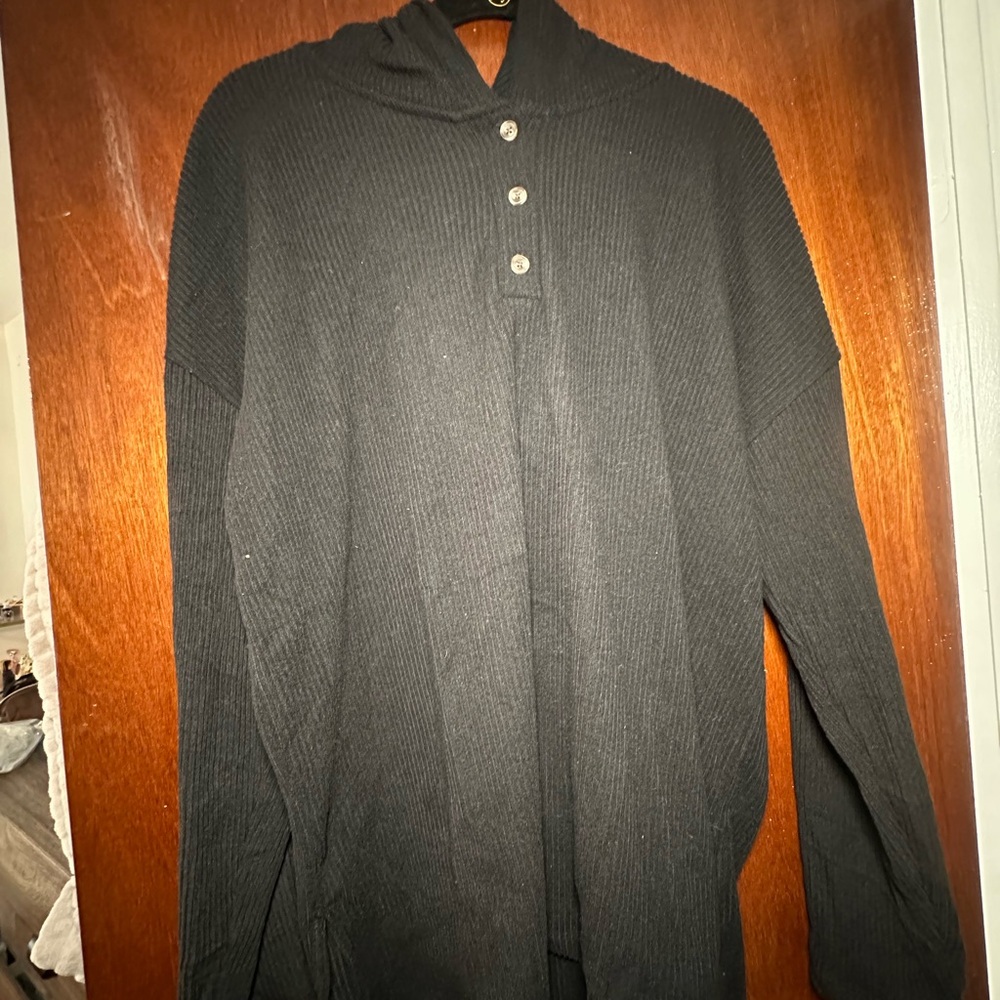 Old navy Black Ribbed Knit Hoodie with Button Placket